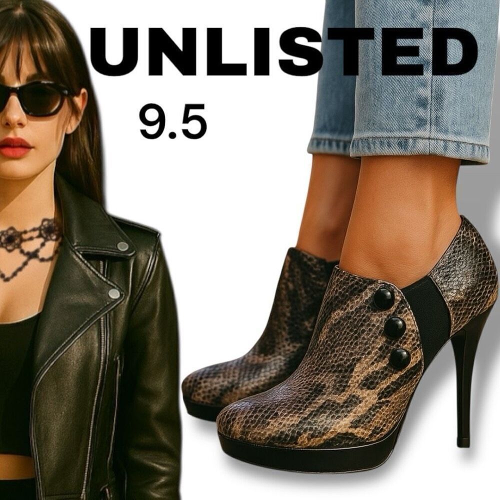 UNLISTED by Kenneth Cole women’s high heel ankle booties, size 9.5. snake skin